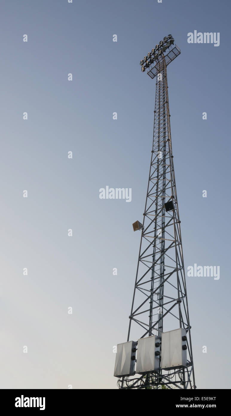 Soccer arena lights tower at dusk. Solna, Stockholm, Sweden. Stock Photo