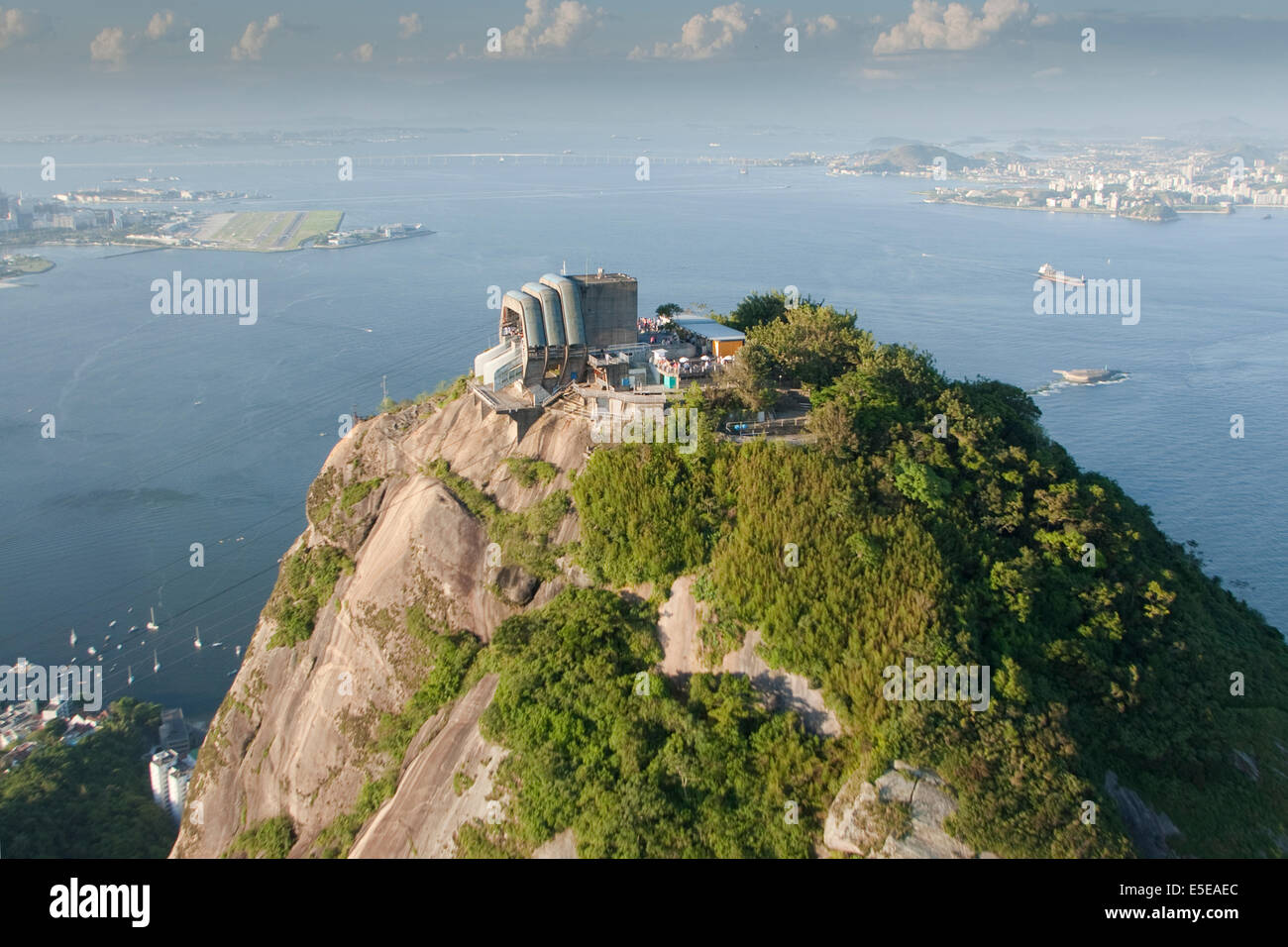 Aerial view of the Sugar Loaf mountain cable car station with Santos Dumont aiport and Guanabara Bay, Rio de Janeiro, Brazil Stock Photo