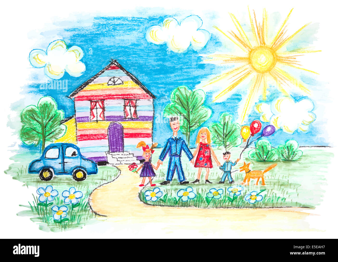 Bright Childrens Sketch With Happy Family, House, Dog, Car on the Lawn with Flowers Stock Photo