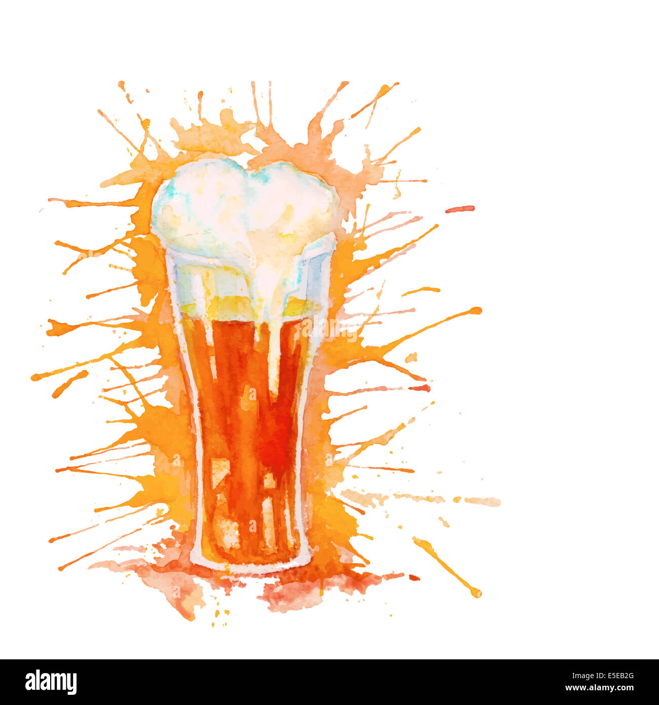 Watercolor glass of fresh beer with foam and splashes isolated on the white background Stock Photo