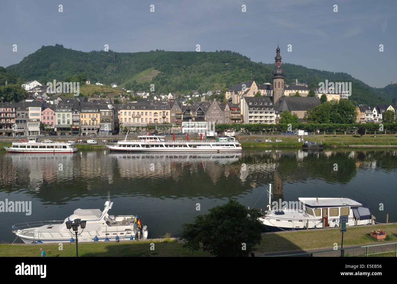 Pleasure boats moored on the Moselle River at Cochem, Germany. Stock Photo