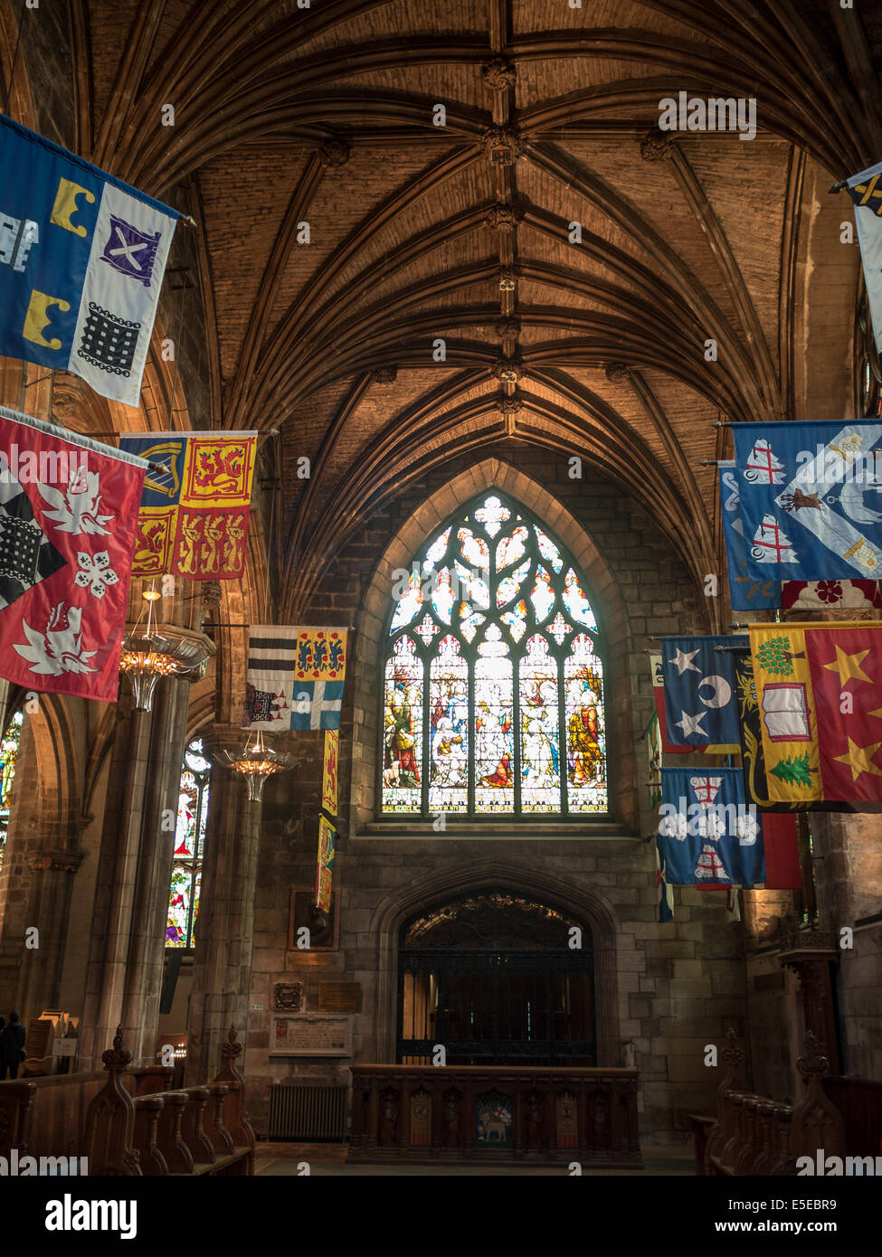 Scottish flags inside St Giles Cathedral Stock Photo