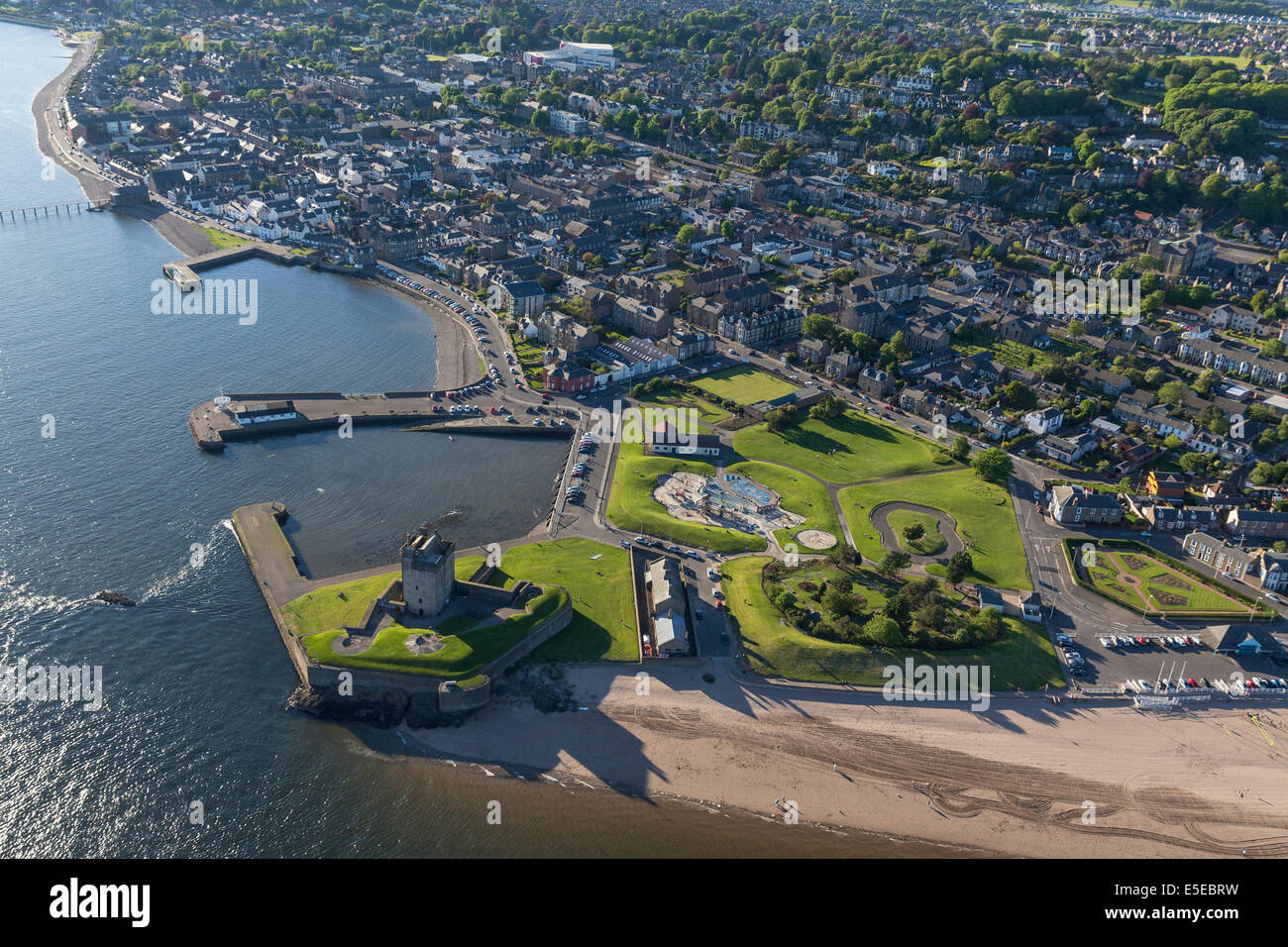 Aerial view over Broughty Castle, Broughty Ferry, on the River Tay in