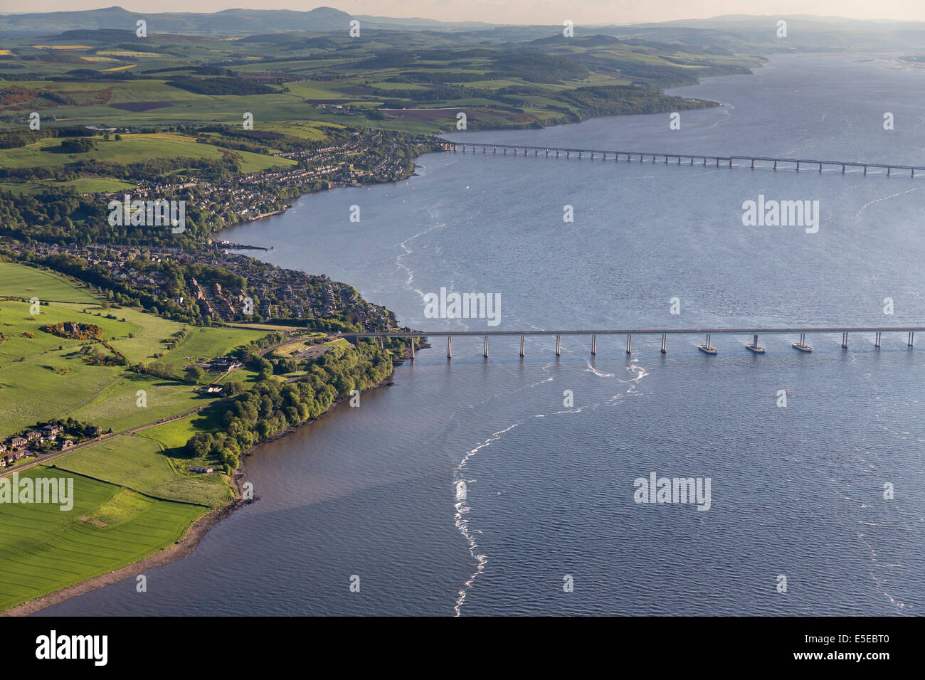 Aerial view over Dundee, Scotland with the River Tay and Road and Rail