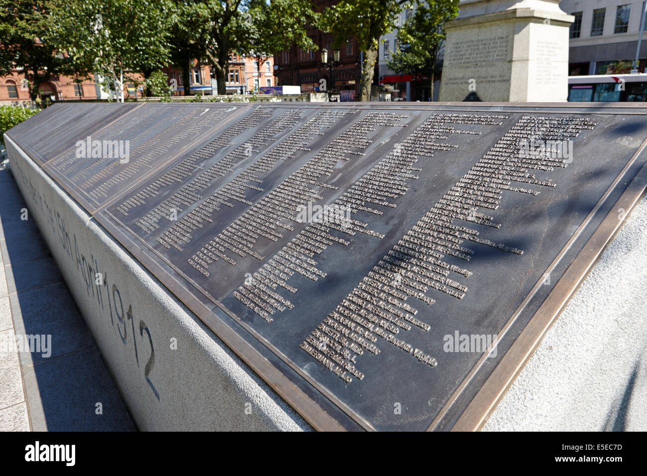 titanic memorial garden with the names of the victims in the grounds of Belfast city hall in city centre Stock Photo