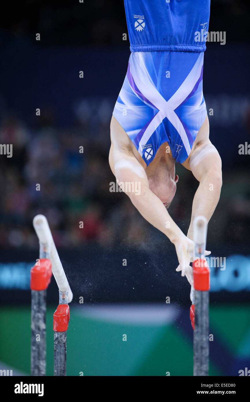 SSE Hydro Glasgow Scotland 29 Jul 2014. Commonwealth Games day 6.  Artistic Gymnastics Team Finals. Frank Baines SCO parallel bars. Credit:  ALAN OLIVER/Alamy Live News Stock Photo