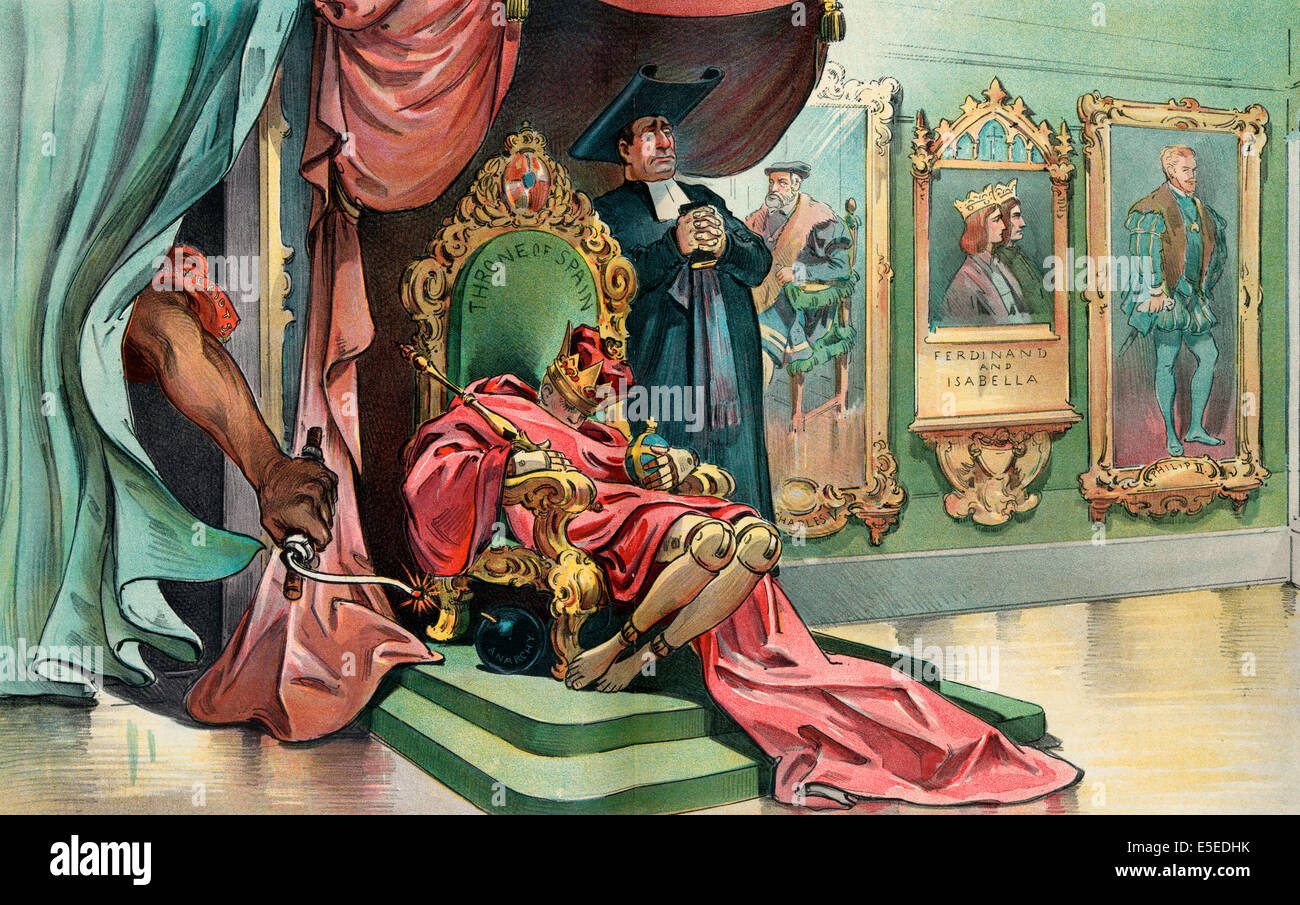 This will be an internal explosion - Political cartoon shows child king Alfonso XIII as a wooden puppet slumped over on the 'Throne of Spain' with a clergyman standing next to him, and on the walls to the right are portrait paintings of 'Charles V, Ferdinand and Isabella, and Philip II'. On the left, an arm labeled 'Home Riots' reaches through the curtains with a torch to ignite a bomb labeled 'Anarchy' next to the throne. Stock Photo