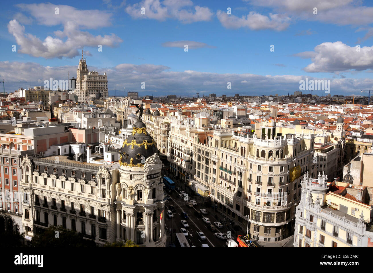 The junction between Gran Via and Calle de Alcalá, seen from the roof of the Circulo de Bellas Artes building (The beginning of Stock Photo