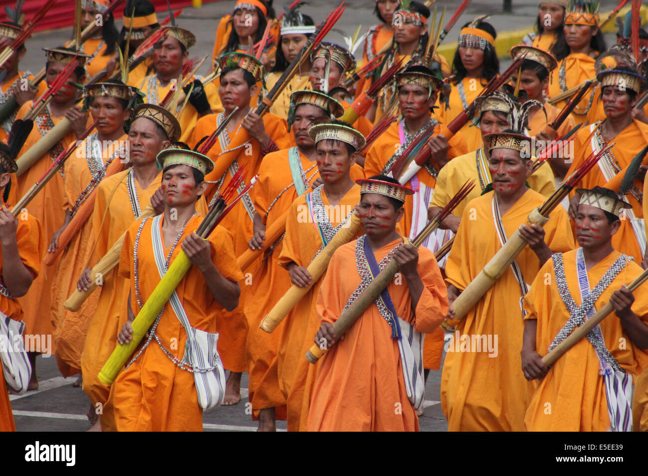 Lima, Peru. 29th July, 2014. Members of the battalion of the self-defense committee of the central jungle participate in the military parade as part of the celebration activities of the Independence Day of Peru on the Brazil avenue in Lima city, capital of Peru, on July 29, 2014. Credit:  Luis Camacho/Xinhua/Alamy Live News Stock Photo