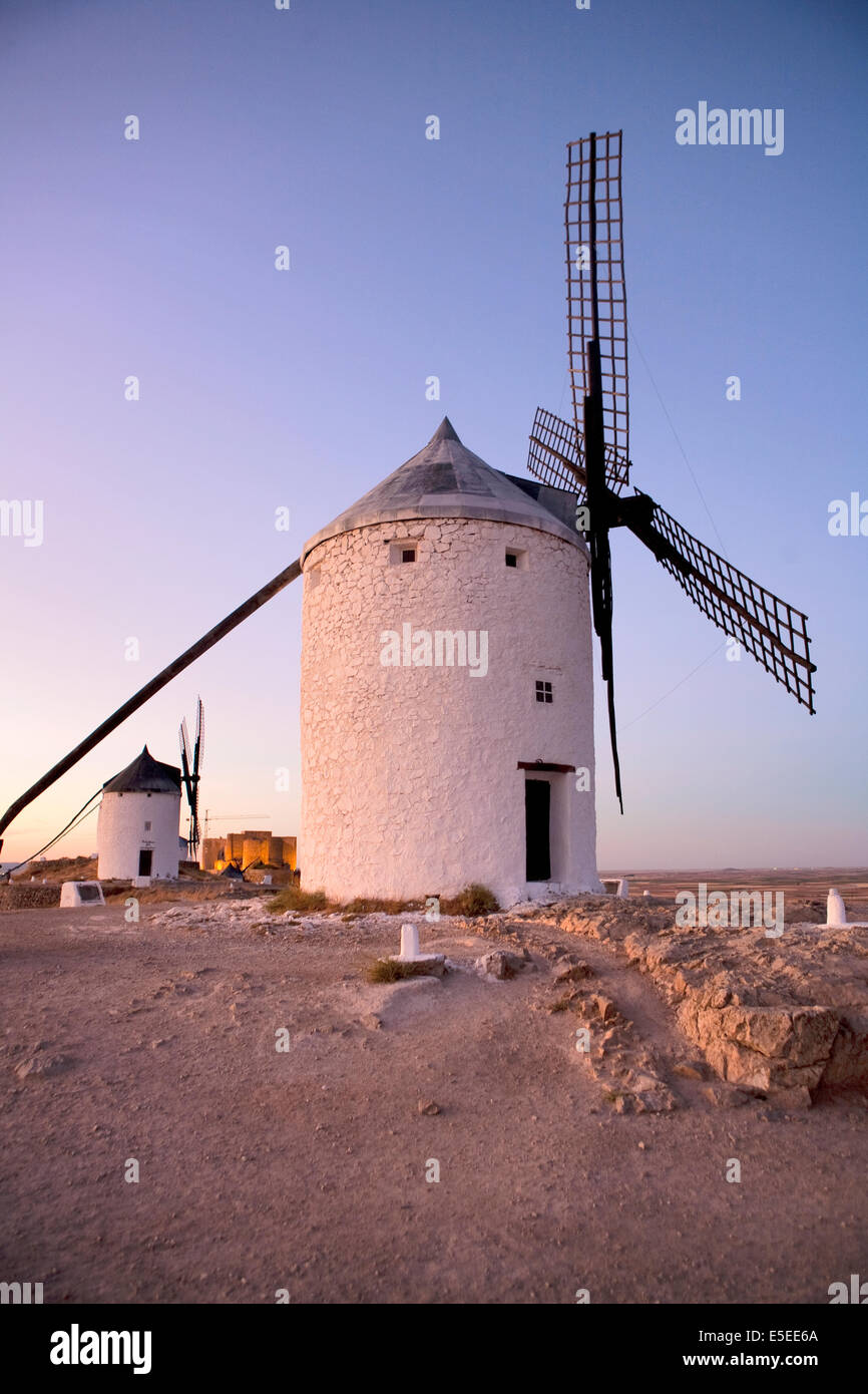 Windmills made famous by Cervantes in Don Quixote, near Consuegra, La Mancha, Spain Stock Photo