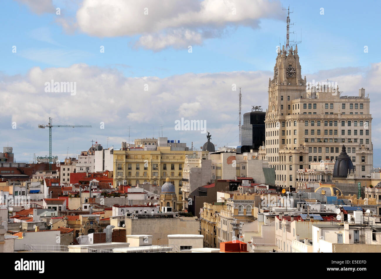 Part of the Madrid skyline, seen from the roof of the Circulo de Bellas Artes.  On the right is the historic Telefonica building Stock Photo