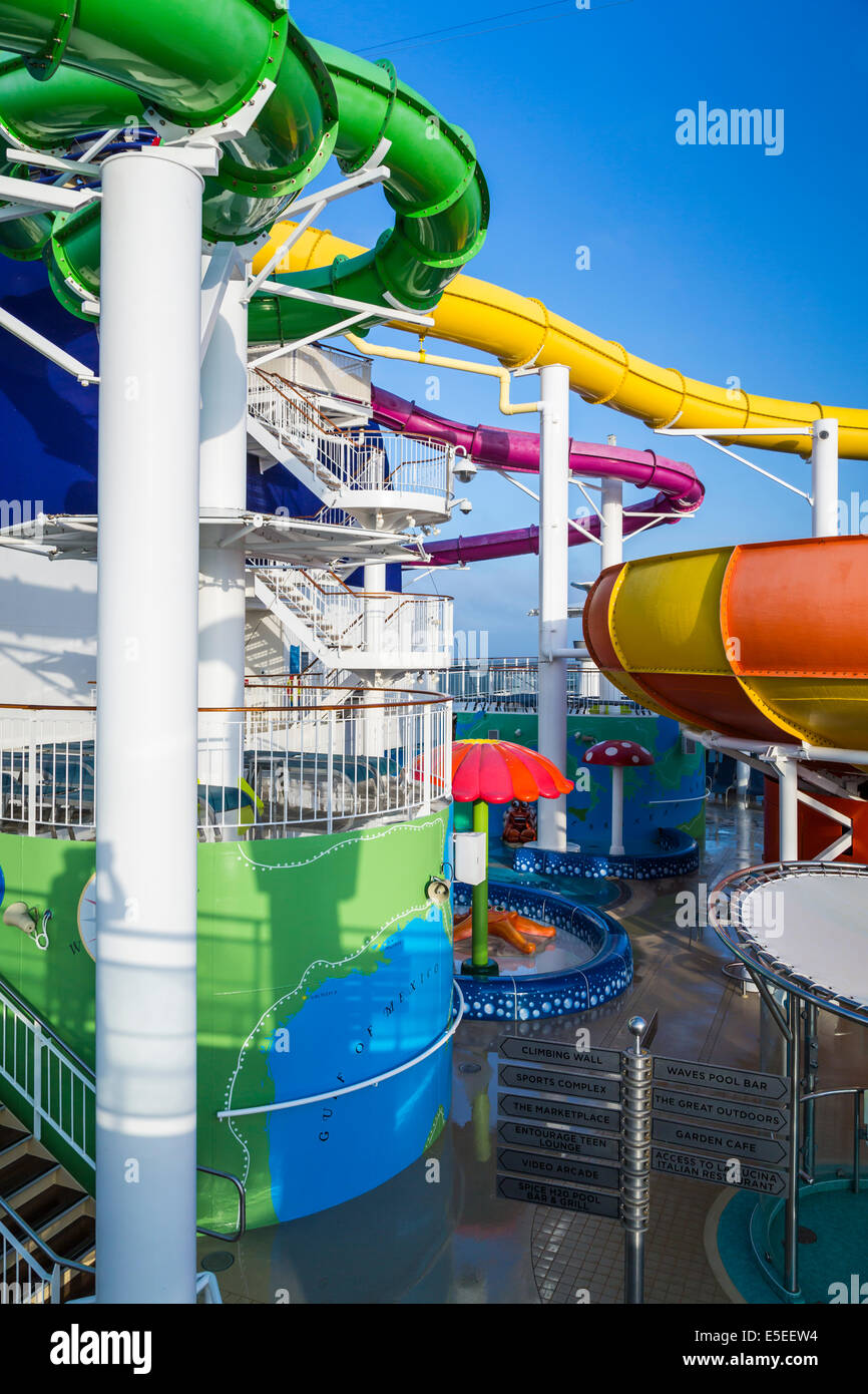 Deck 15 with pools and water slides on the Norwegian Epic cruise ship. Stock Photo