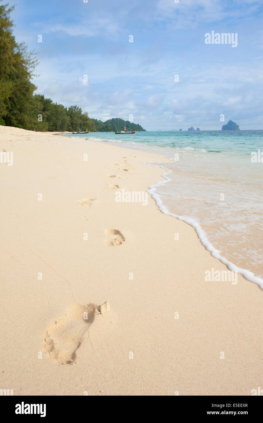 Footprints leading from the sea on Koh Kradan island, Trang province, Thailand Stock Photo