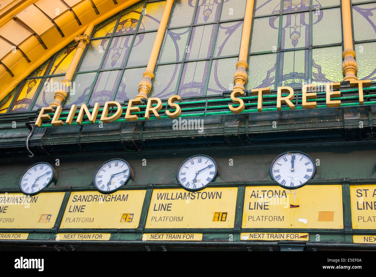 Melbourne Australia,Flinders Street Station,building,clocks,schedule,railway train,metro,AU140321098 Stock Photo