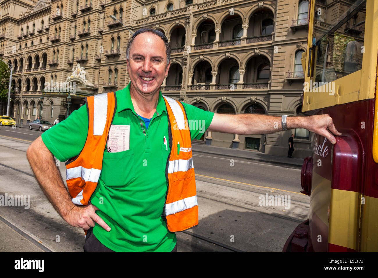 Melbourne Australia,Spring Bourke Street Station,tram,trolley,City Circle Line,driver,operator,man men male,reflective vest,AU140321016 Stock Photo