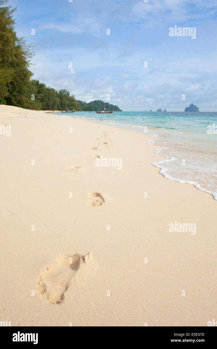 Footprints leading from the sea on Koh Kradan island, Trang province, Thailand Stock Photo