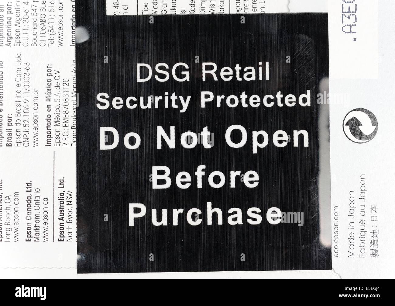 DSG retail do not open before purchase security tag Stock Photo