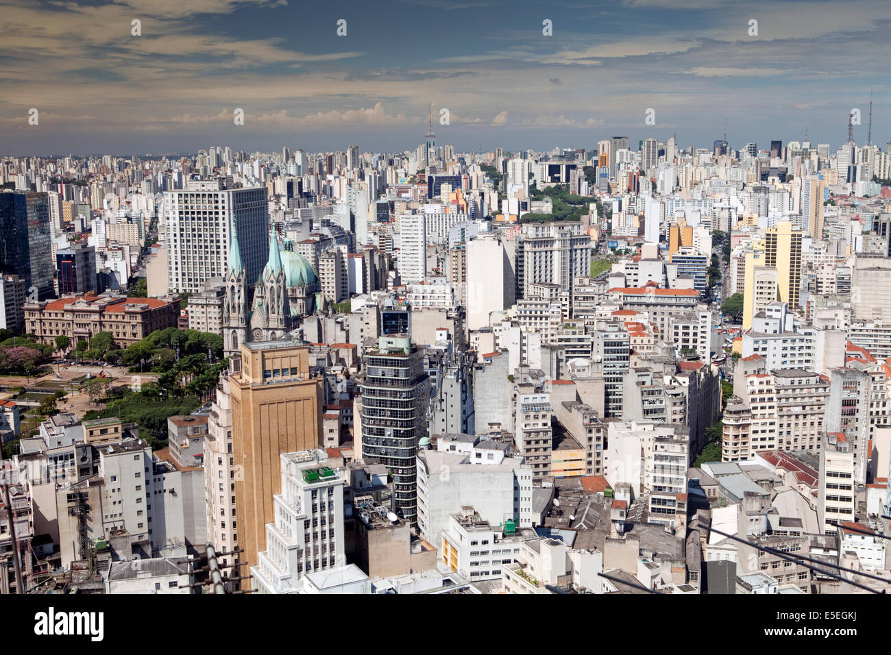 Elevated view of downtown Sao Paulo showing the metropolitan cathedral and skyscrapers, Brazil, Latin America Stock Photo