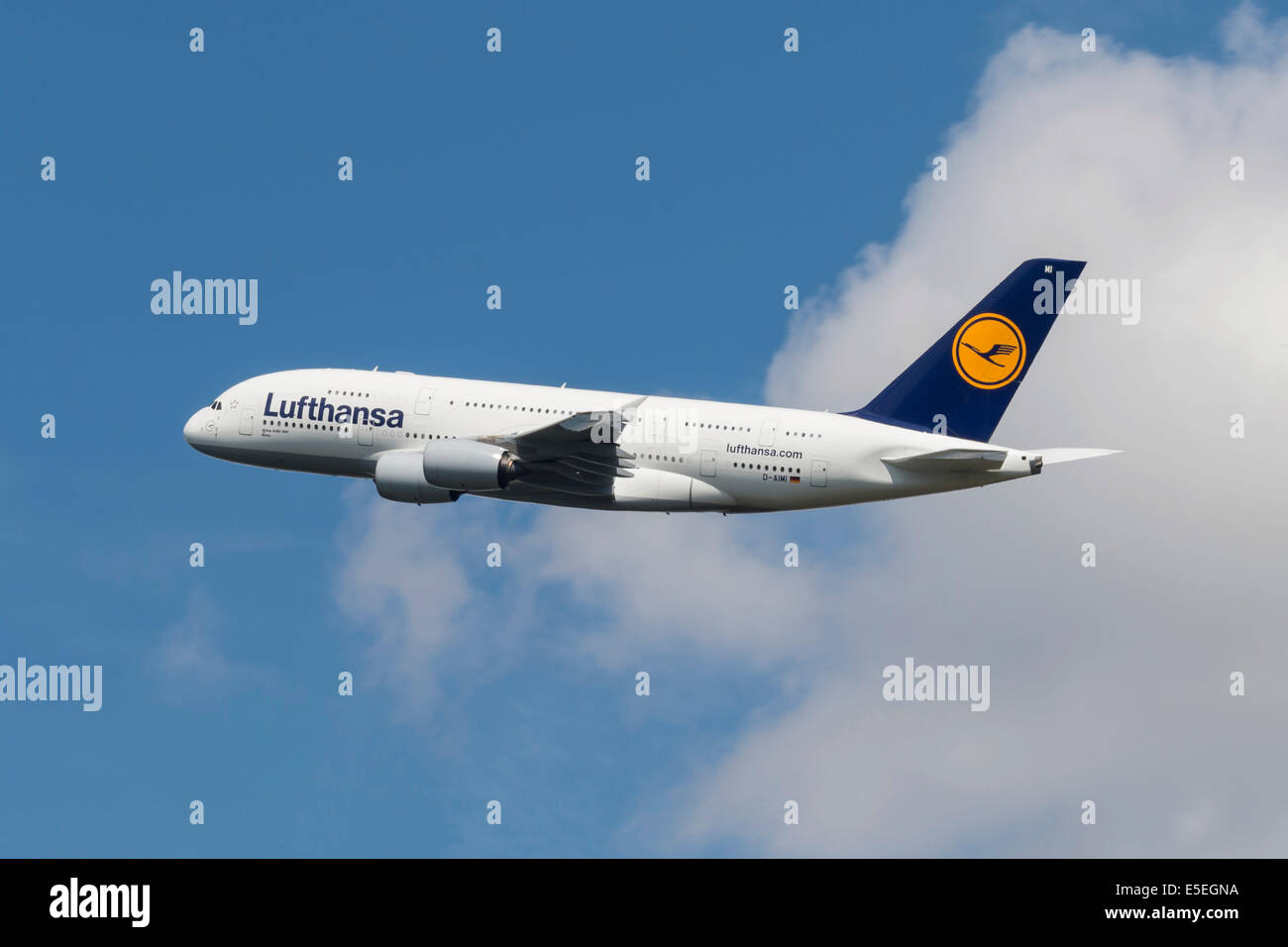 Airbus A380-800 of Lufthansa taking off from Frankfurt Airport, Frankfurt am Main, Hesse, Germany Stock Photo
