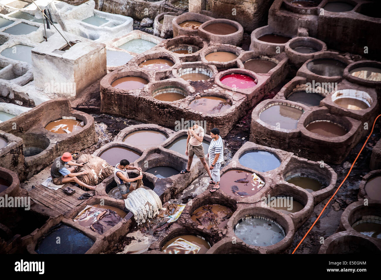 Tanneries where animal hides are traditionally tanned by hand, Fes, Morocco Stock Photo
