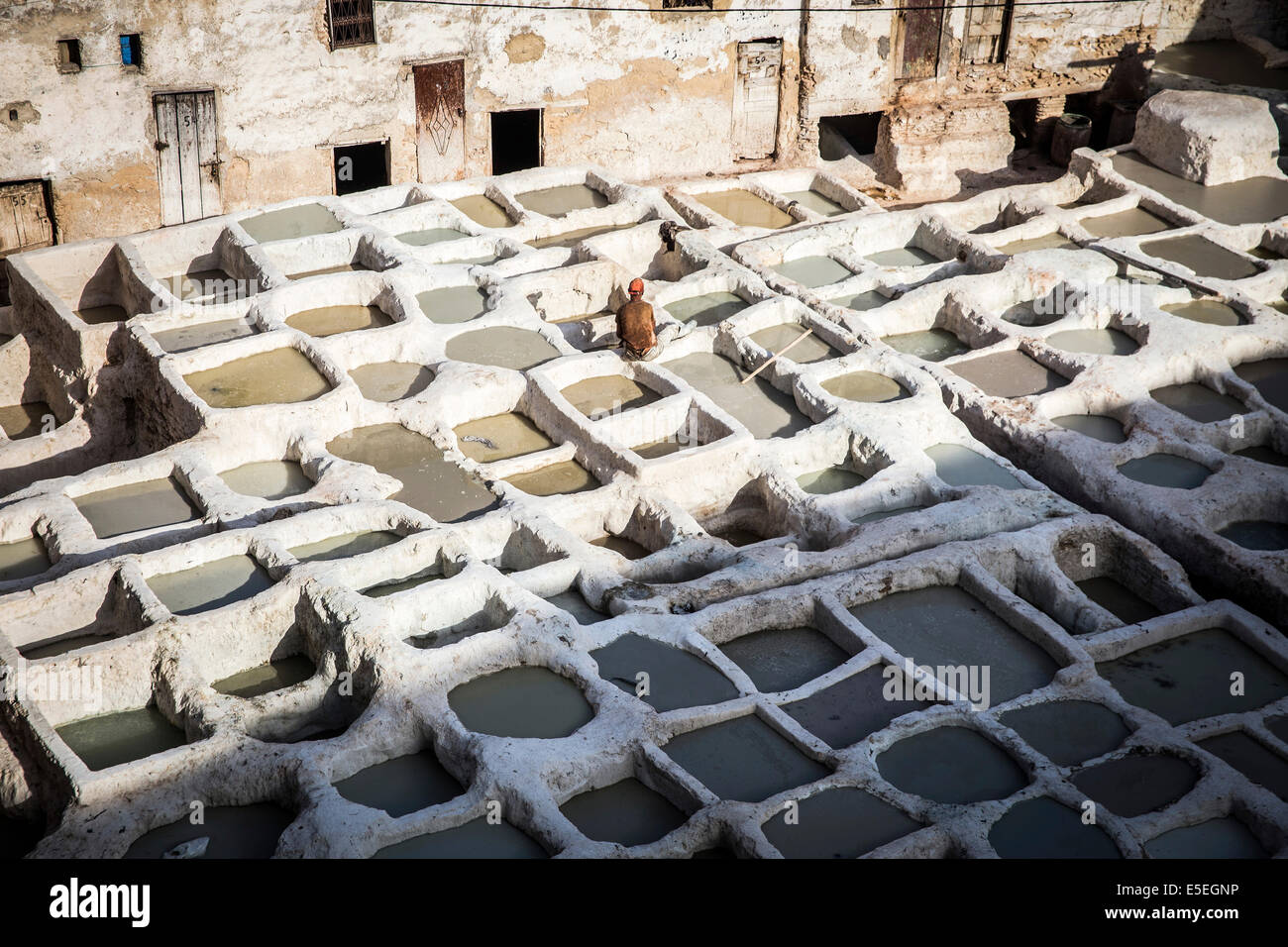 Tanneries where animal hides are traditionally tanned by hand, Fes, Morocco Stock Photo