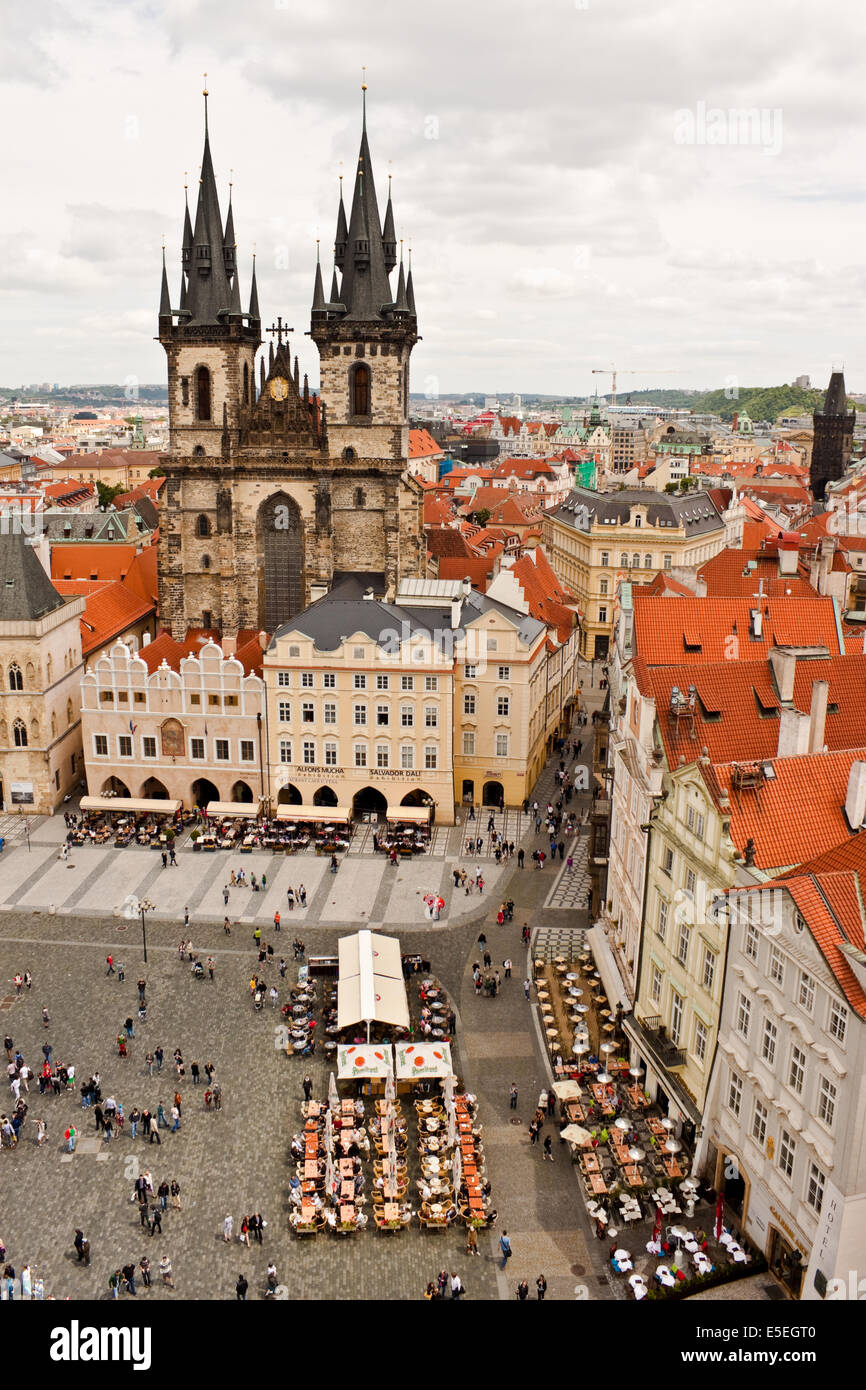 PRAGUE - JUNE 30: One of the most popular palces in Prague - the Old Town Square filled with people walking and relaxing in  out Stock Photo