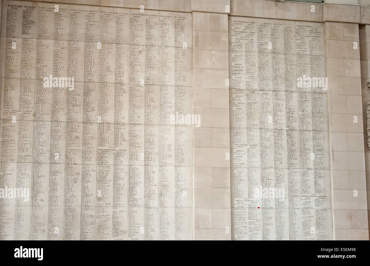 Ypres Menin gate memorial showing names of falling soldiers. Stock Photo