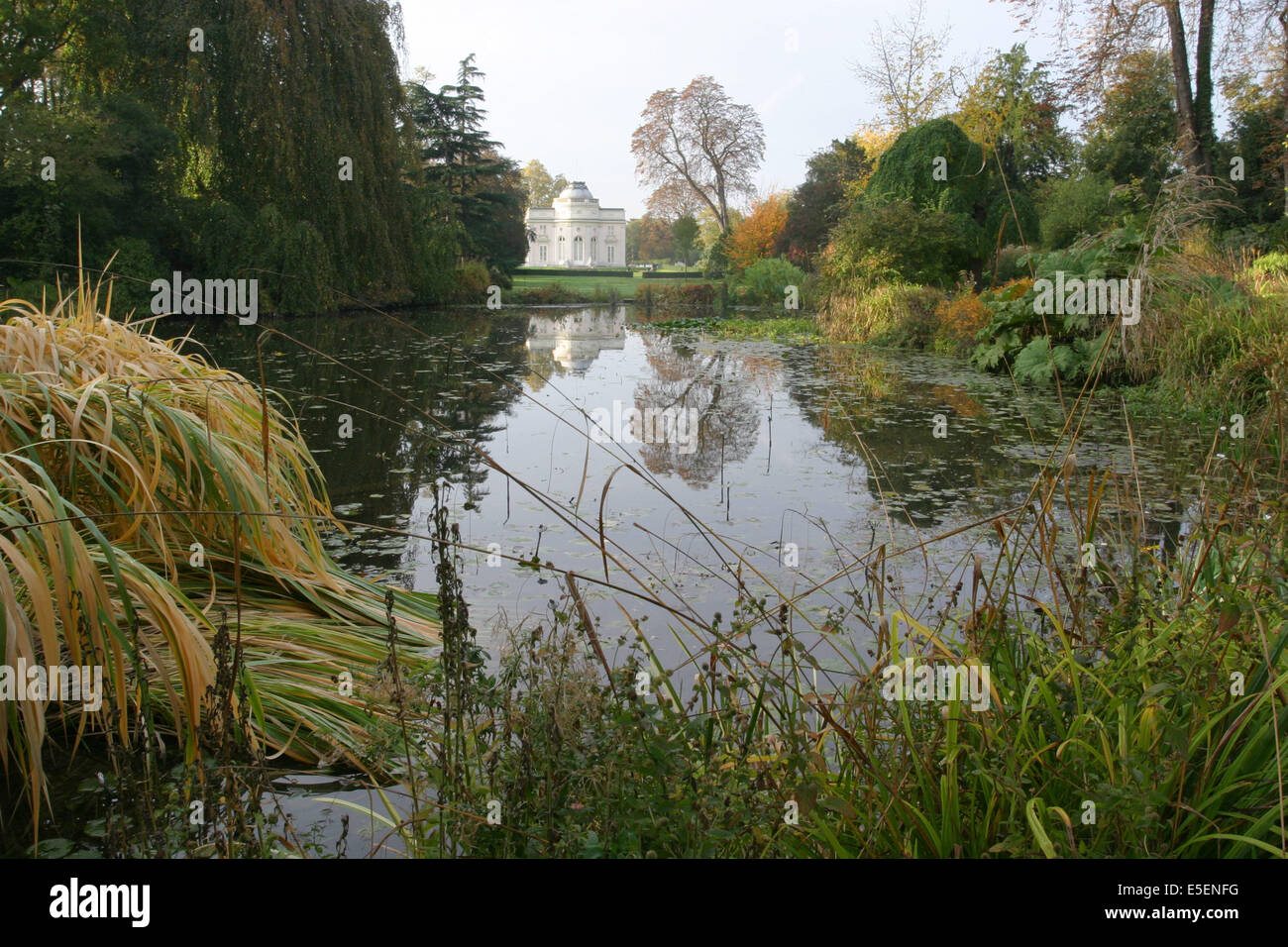 France, paris 16e, bois de boulogne, parc de bagatelle, pavillon, folie du comte d'artois, etang, herbes, Stock Photo