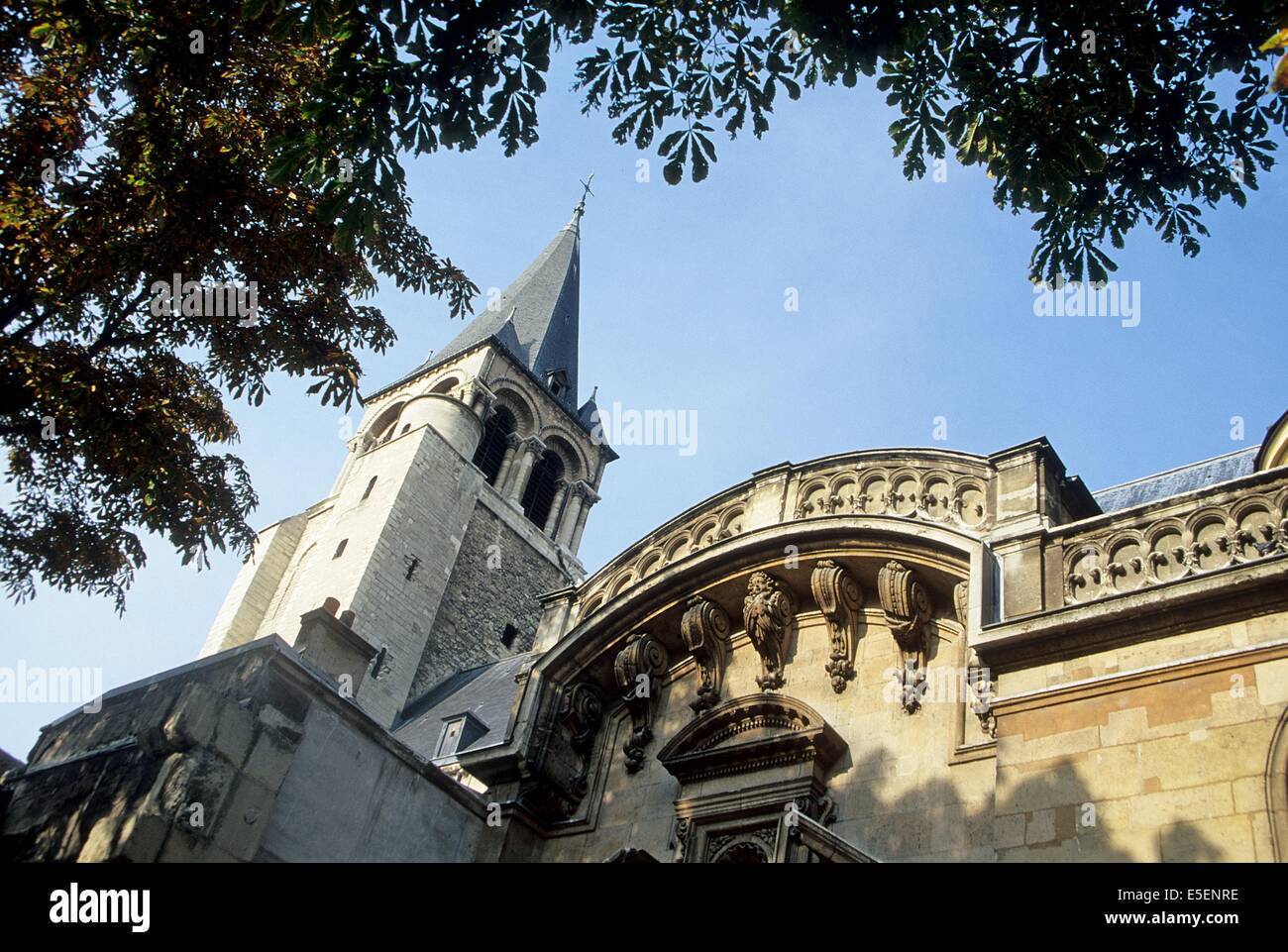 France, paris 6e, saint germain des pres portail sud et tour clocher, Stock Photo