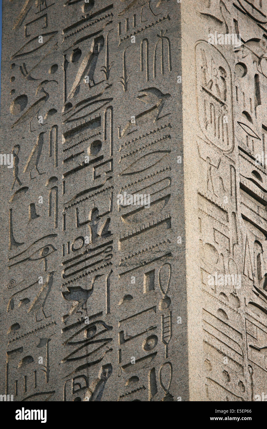 France, paris 8e, place de la concorde, detail obelisque de louxor, hieroglyphes, champollion Stock Photo