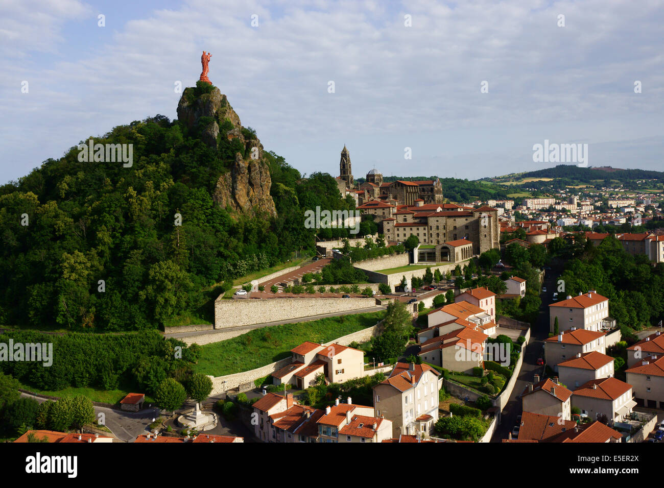 Town Le Puy en Velay with Rocher Corneille and Statue Notre Dame de la ...