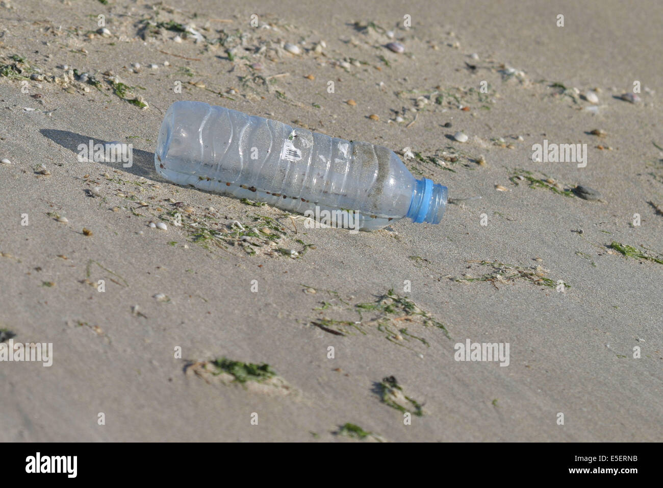 France, Basse Normandie, manche, pays de la baie du Mont-Saint-Michel, paysage de dunes du bec d'Andainepollution, salete, bouteille en plastique dans le sable, developpement durable, environnement, Stock Photo