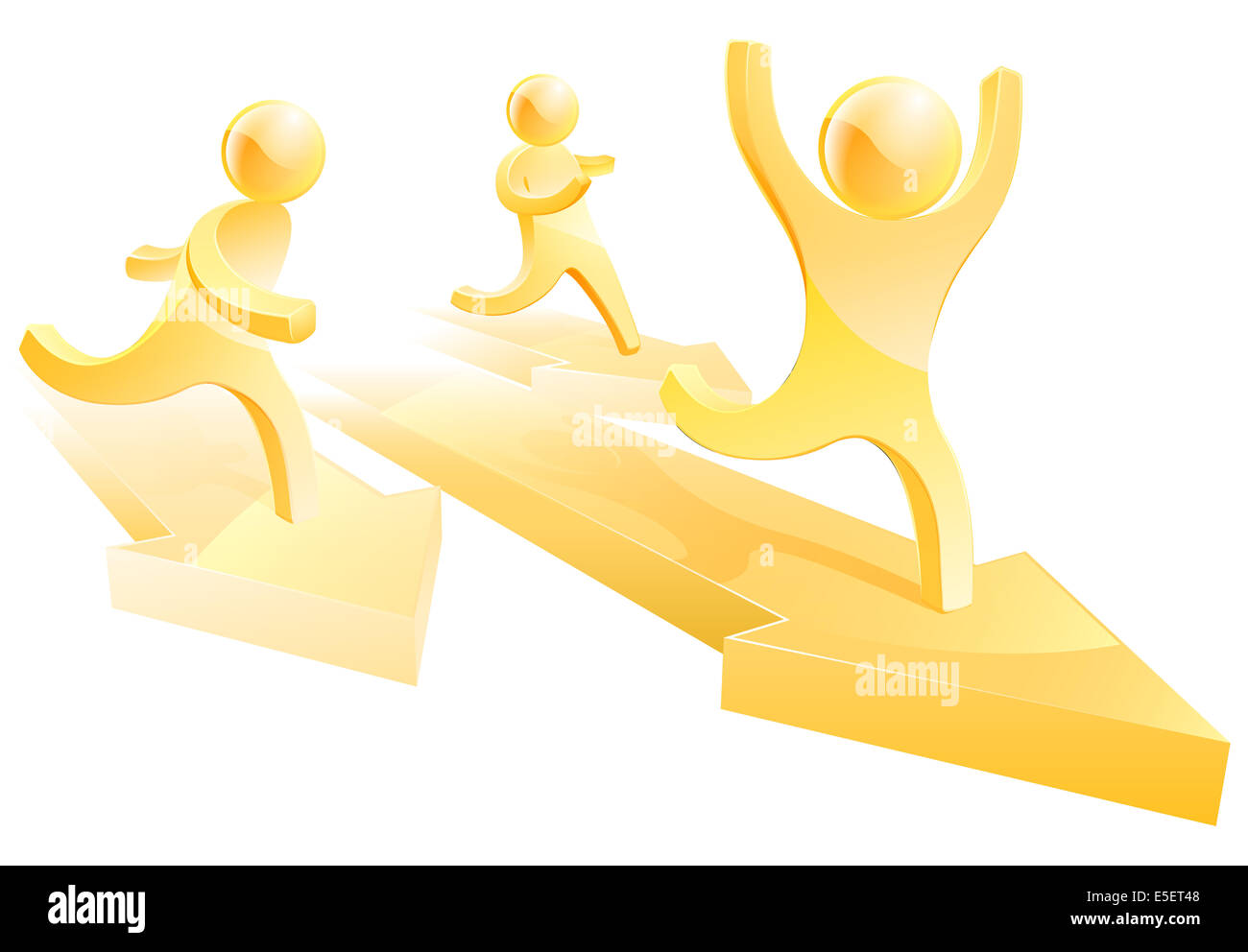 Gold people running a race on arrows, concept for business competition Stock Photo