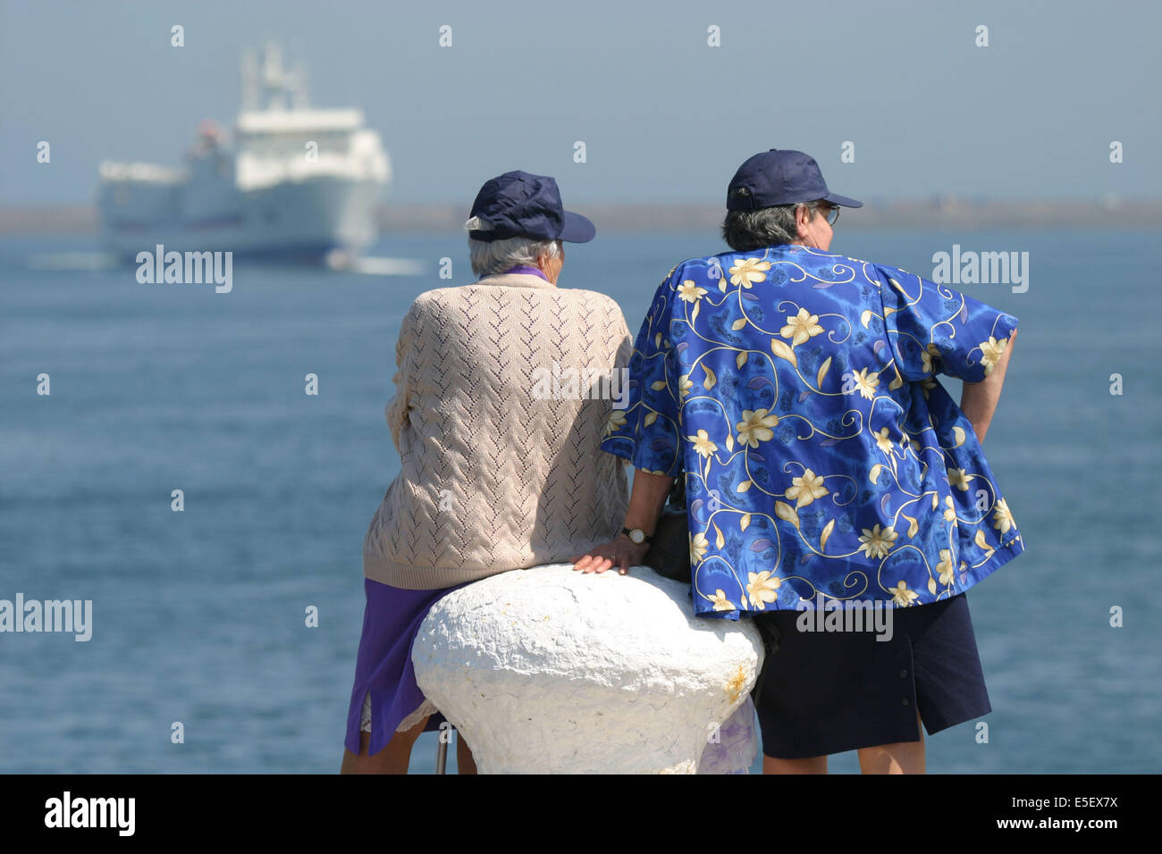 France, Basse Normandie, manche, cotentin, cherbourg, rade, ferry de la brittany ferries, le coutances, trafic trans manche, spectateurs a l'arrivee du navire, Stock Photo