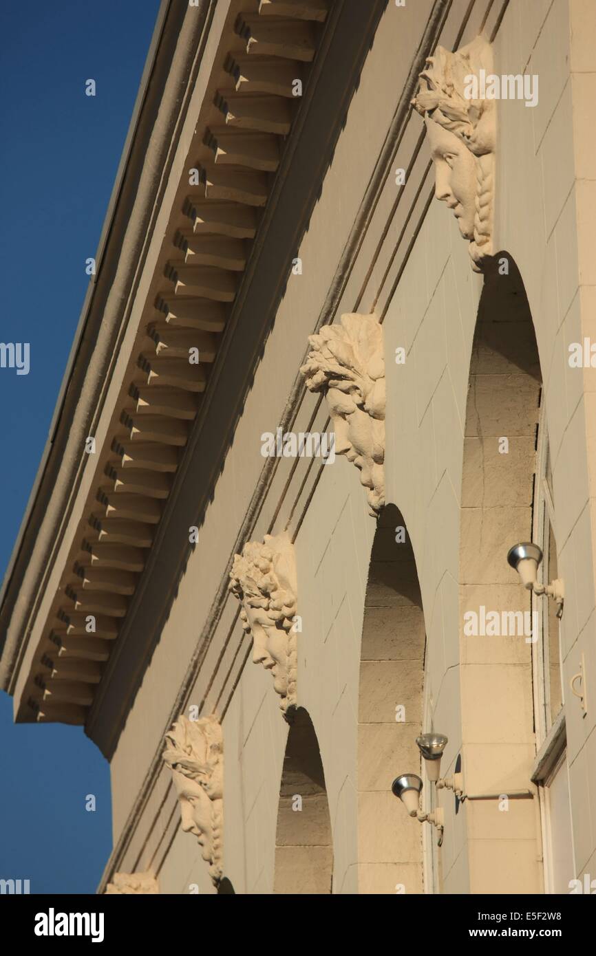 France, Basse Normandie, Calvados, Deauville, casino barriere, detail facade arriere, mascarons, ornements, Stock Photo