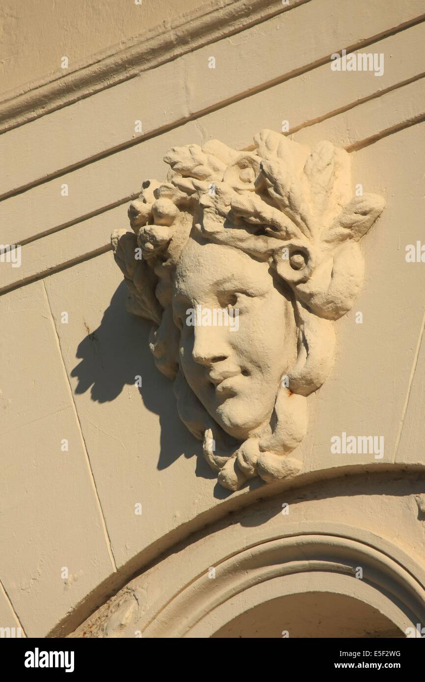 France, Basse Normandie, Calvados, Deauville, casino barriere, detail facade arriere, mascarons, ornements, Stock Photo