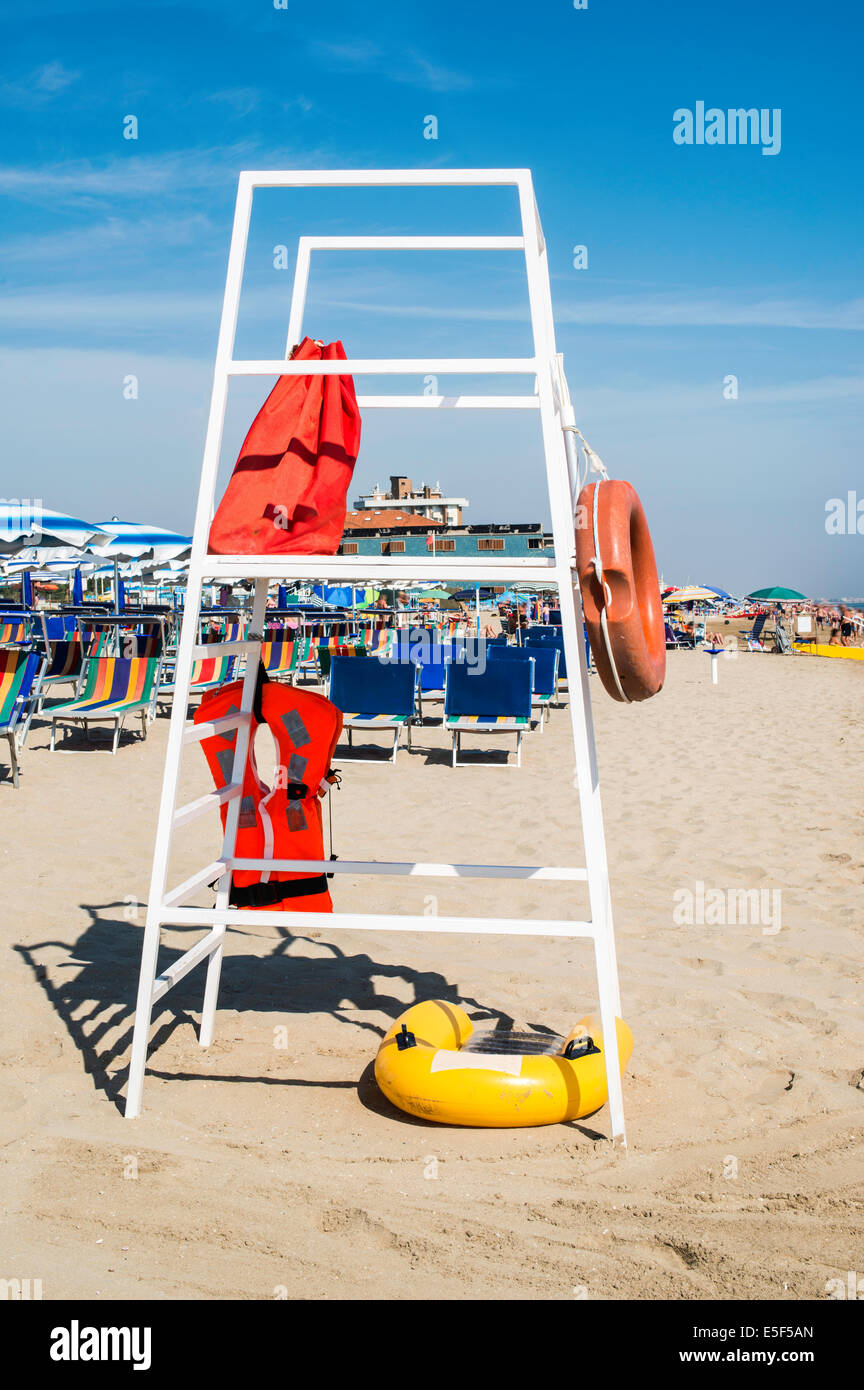 Safety equipment on the beach.Life jacket and belt Stock Photo