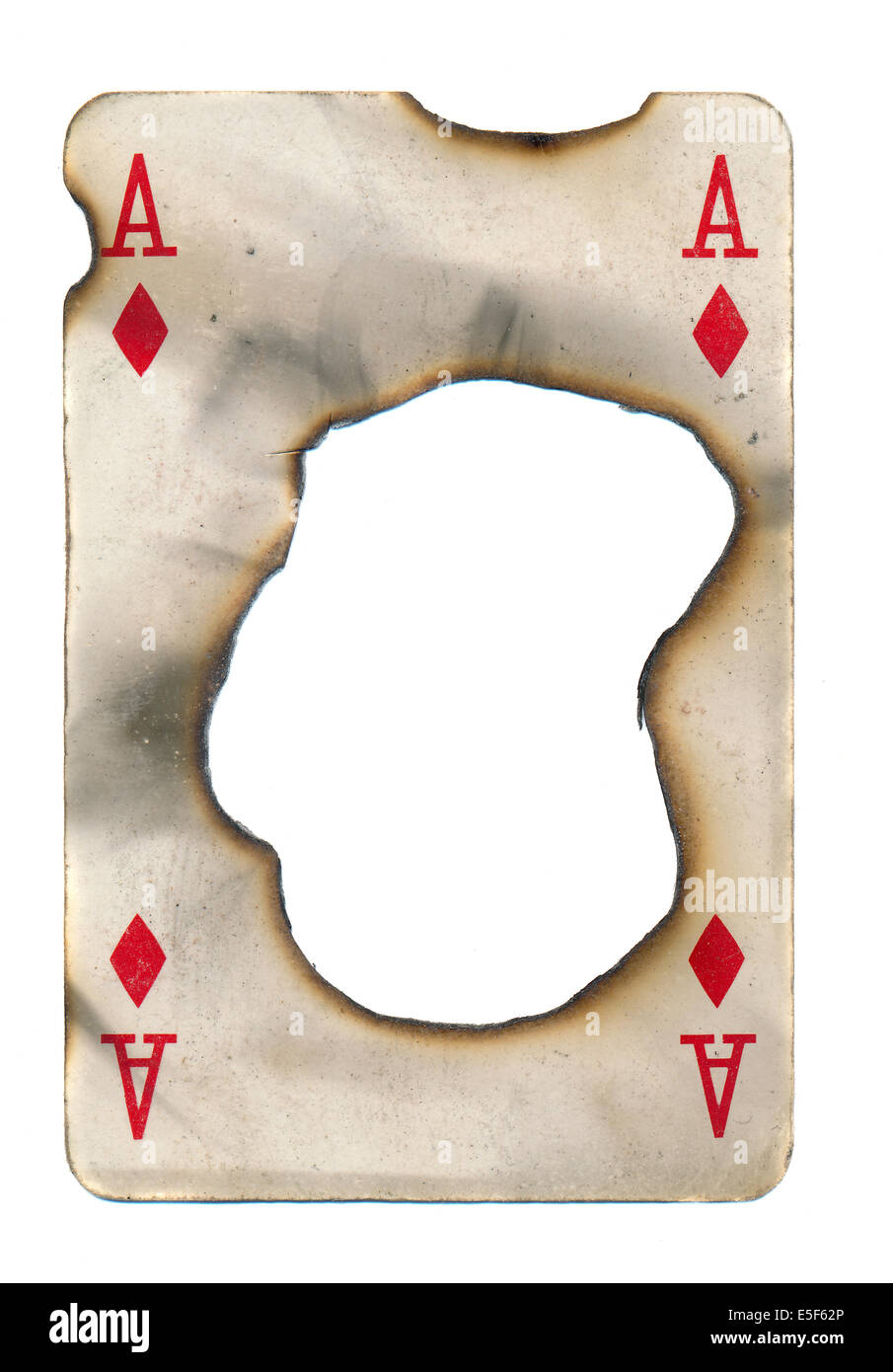 burn hole in old dirty playing card ace of diamonds paper background. Isolated on white Stock Photo