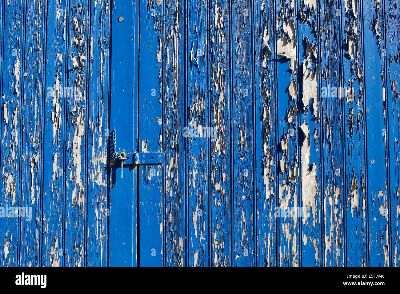 Background pattern and texture of an old wooden door with weathered blue paint and hasp and staple lock Stock Photo