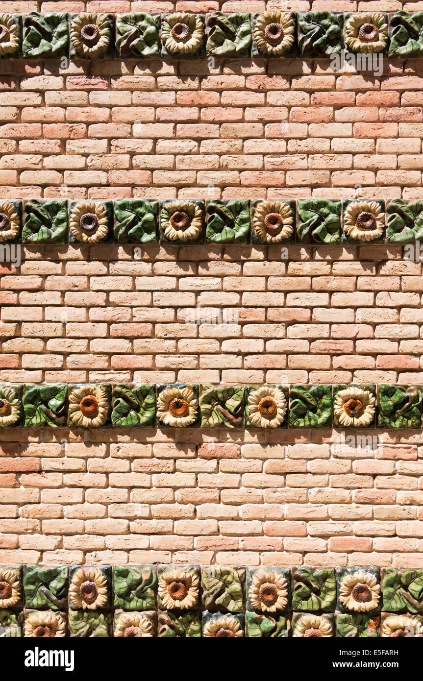 Sunflower design tiles on El Capricho de Gaudí, Comillas, Cantabria, Spain, Europe Stock Photo
