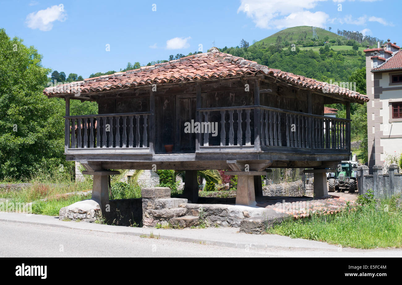 An old elevated grain store building in Arenas de Cabrales, Asturias, in northern Spain, Europe Stock Photo