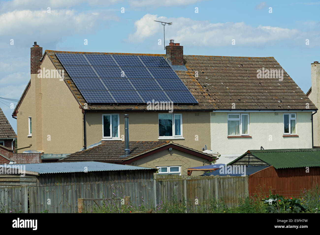Residential house with solar energy array, Alderton, Suffolk, UK. Stock Photo