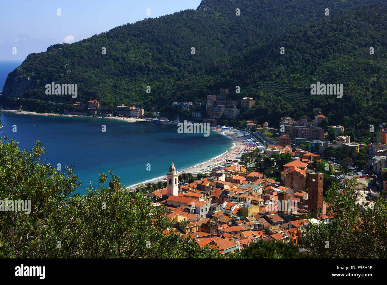 View over medieval town Noli, Riviera di Ponenete, Liguria, Italy Stock Photo