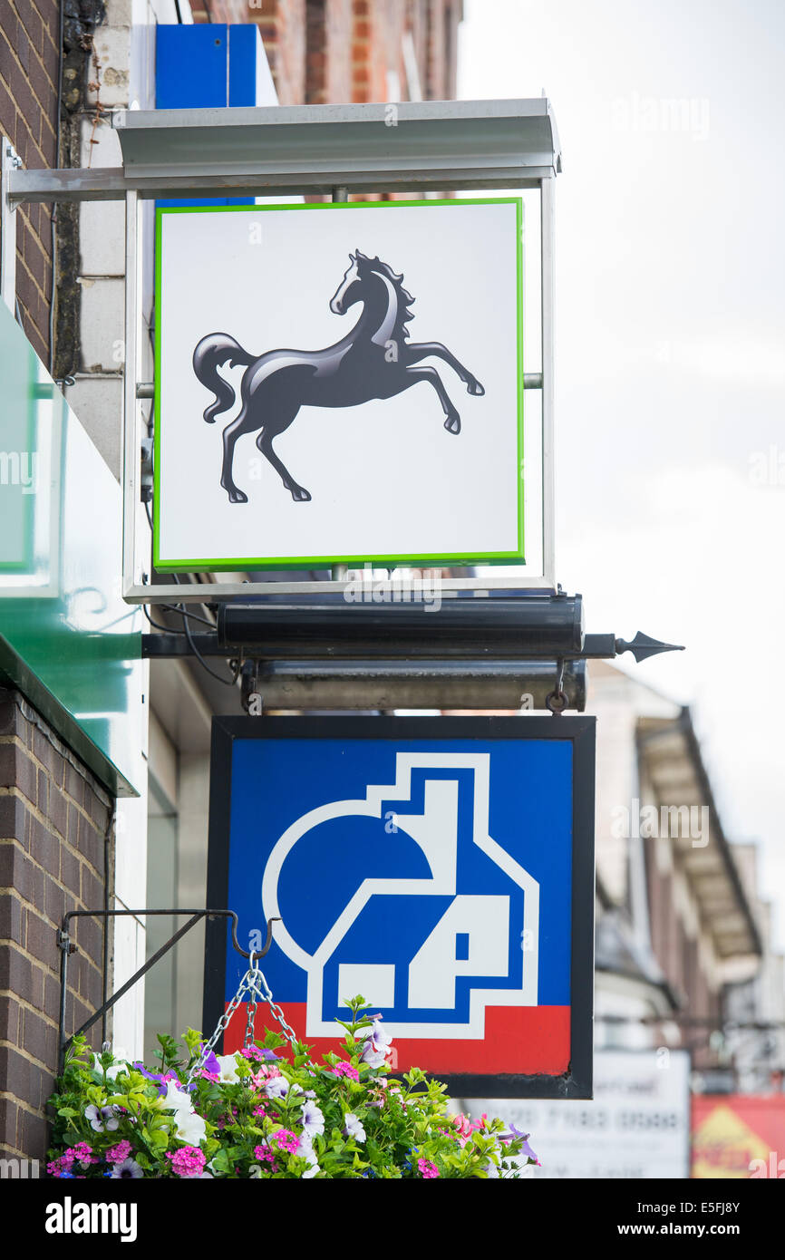 Lloyds and Nationwide - two banks next door to each other on the high street in Harpenden, Hertfordshire Stock Photo