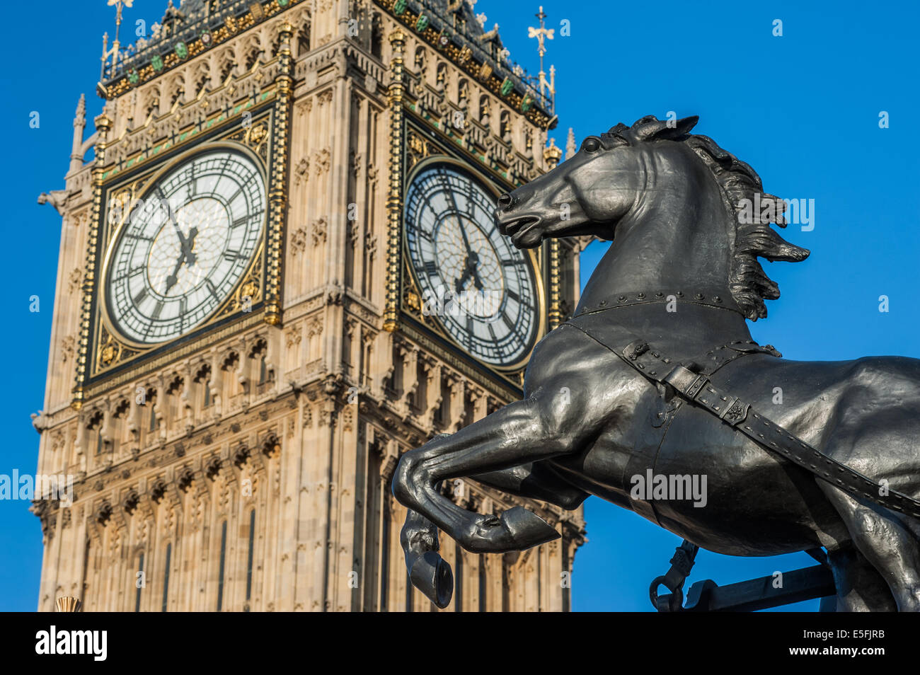 Boadicea statue's horse on Westminster Bridge and Big Ben in London