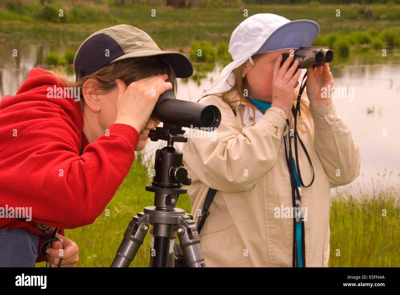 Women birding with binoculars and spotting scope, Fern Ridge Wildlife