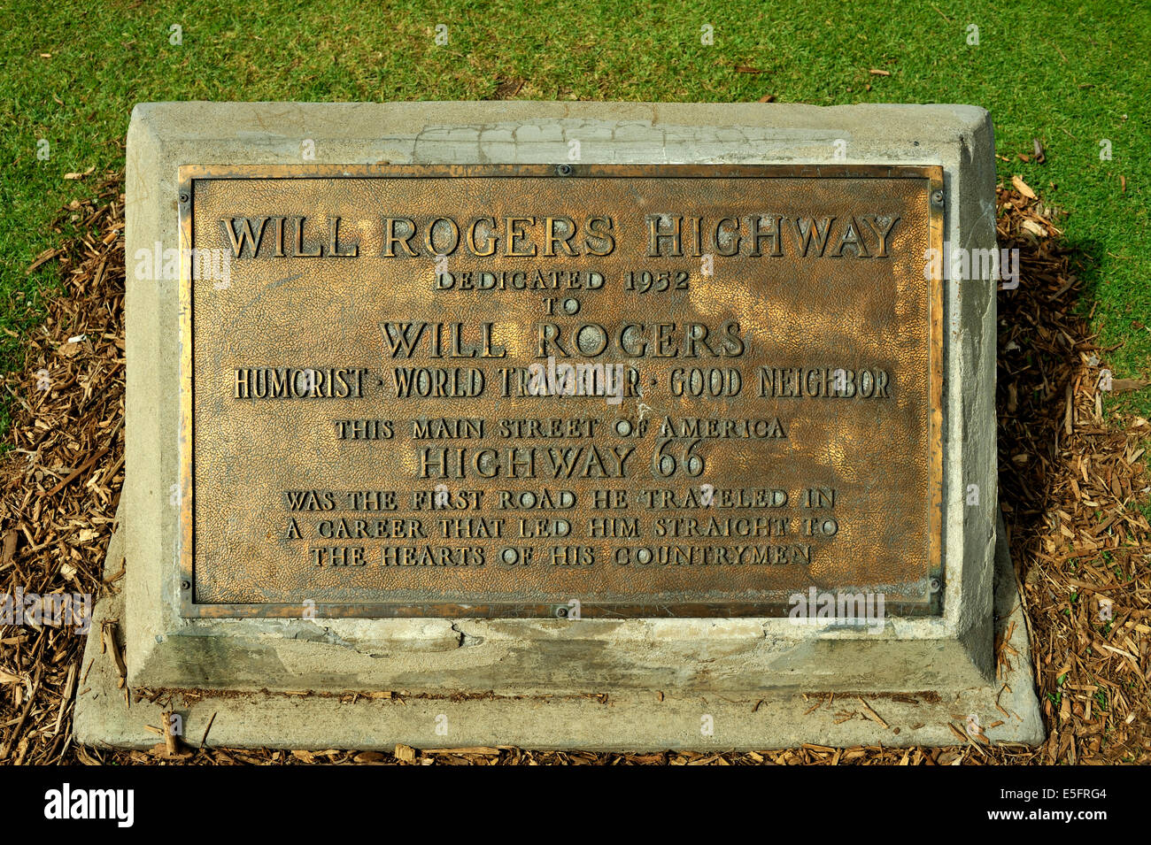 Bronze plaque dedicating Route 66 as the Will Rogers Highway, Palisades  Park, Santa Monica Stock Photo - Alamy