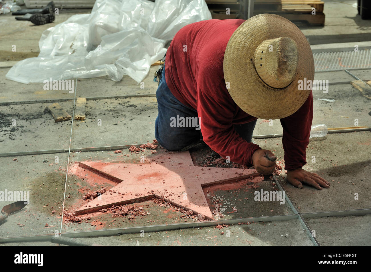 A new Star being constructed on Hollywood's Walk of Fame. Stock Photo