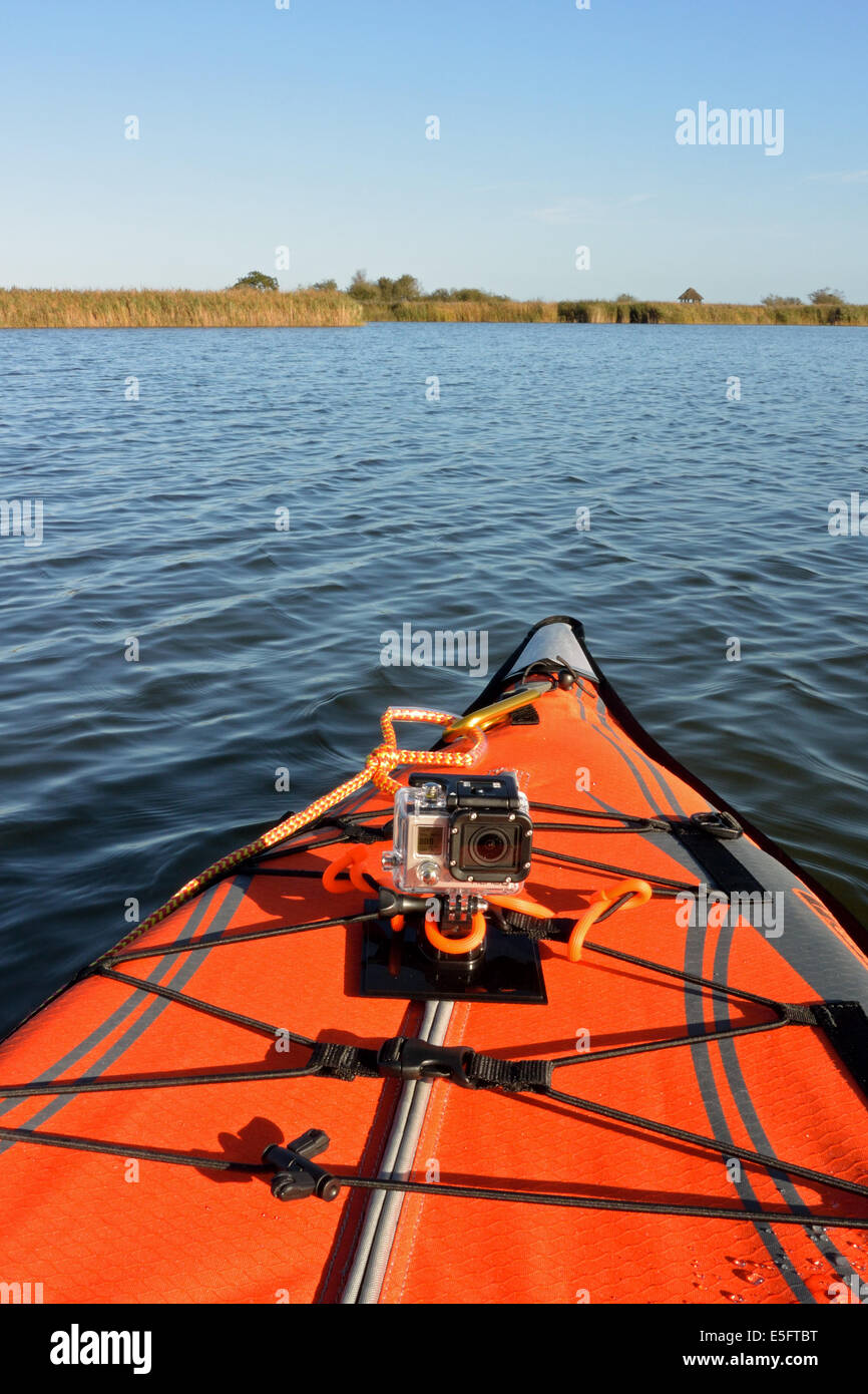 GoPro Hero 3 camera mounted on Advanced Elements AdvancedFrame kayak on  Hickling Broad Norfolk, Broads National Park Stock Photo - Alamy