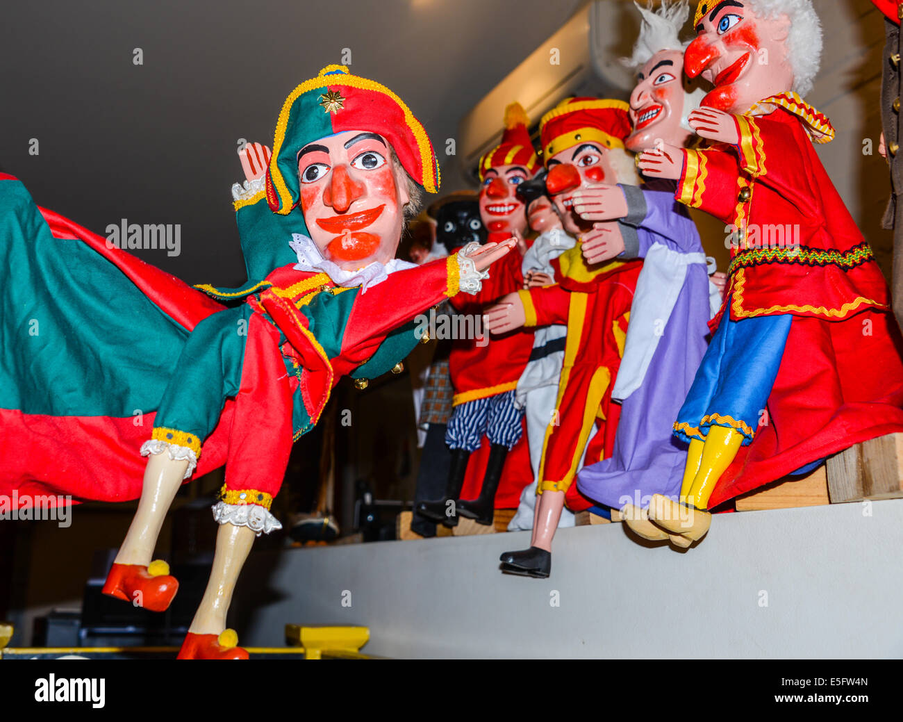 punch and judy puppets world wide characters hand painted and carved colourfuly puppets Stock Photo
